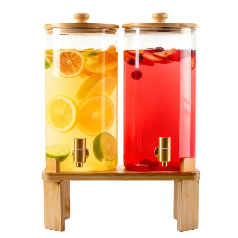 NBNSTHV 1.5 Gallon 2 Pack Glass Drink dispenser for parties,Beverage Dispenser With Wood Stand,Water Dispensers with spigot,lemonade dispenser,juice containers & water pitcher with lid - Image 1