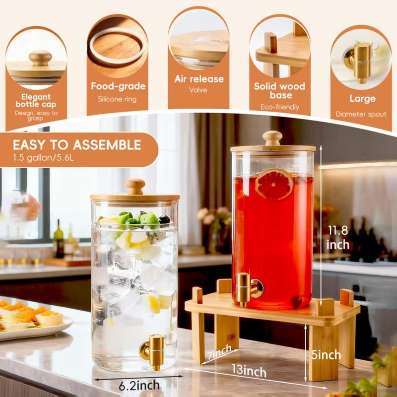 NBNSTHV 1.5 Gallon 2 Pack Glass Drink dispenser for parties,Beverage Dispenser With Wood Stand,Water Dispensers with spigot,lemonade dispenser,juice containers & water pitcher with lid - Image 4