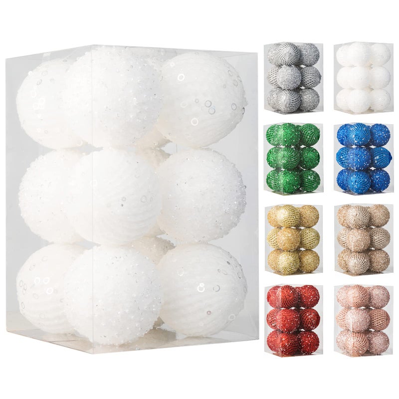 315 Christmas Ball Ornaments Glitter Shatterproof Christmas Tree Ornaments Sequin Xmas Hanging Balls Decorations for Wedding Party HolidayWhite 12pc8cm