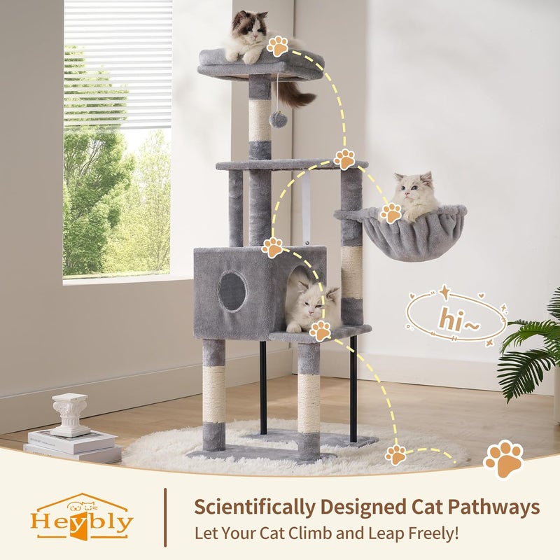 Heybly شجرة قطط هيبلي، برج قطط 49.2 بوصة للقطط المنزلية، منزل قطط فسيح مع مساحة خفية، أنبوب فولاذي متين، جثم علوي ناعم من الفرو، أرجوحة مريحة وأعمدة خدش من السيزال، رمادي فاتح HCT200SW - Image 2