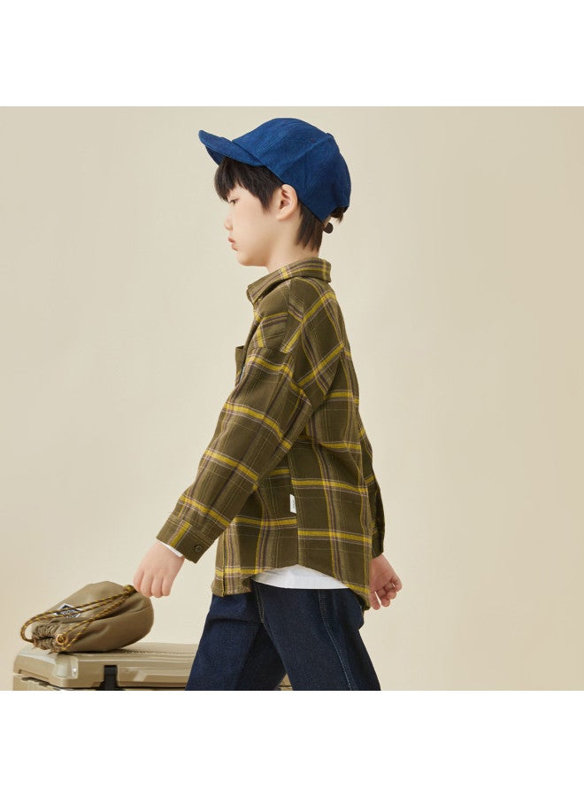 And Skin-friendly, Versatile And Comfortable】 Boys' Plaid Brushed Flannel Shirt, Retro Style Autumn And Spring Jacket For Kids - Image 4