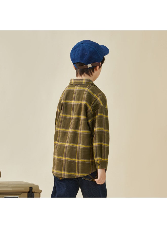And Skin-friendly, Versatile And Comfortable】 Boys' Plaid Brushed Flannel Shirt, Retro Style Autumn And Spring Jacket For Kids - Image 5