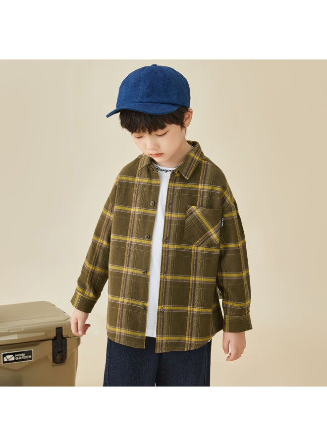 And Skin-friendly, Versatile And Comfortable】 Boys' Plaid Brushed Flannel Shirt, Retro Style Autumn And Spring Jacket For Kids - Image 3