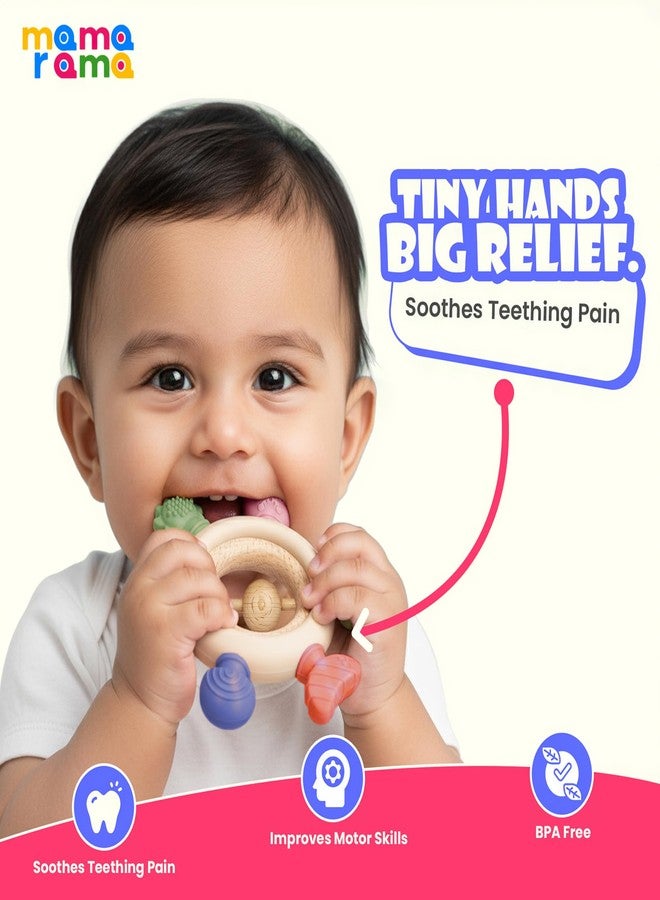 Mamarama Baby Teething Toys 3+ Months - BPA-Free Soft Silicone & Wooden Teether, Chewable Toy for Babies & Kids, Infant Rattle for Mouth & Teeth Relief (Color: Dark, with Ball) - Image 2