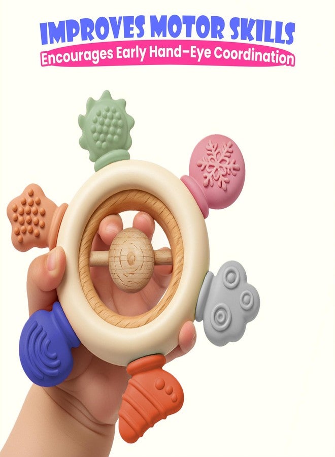 Mamarama Baby Teething Toys 3+ Months - BPA-Free Soft Silicone & Wooden Teether, Chewable Toy for Babies & Kids, Infant Rattle for Mouth & Teeth Relief (Color: Dark, with Ball) - Image 4