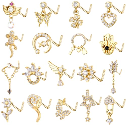 TAMHOO 18Pcs 18g Nose Rings Studs L Shaped Nose Rings For Women Gold Dangle Nose Rings L Shaped Gold Nose Piercing Jewelry Set Diamond Nose Studs For Women Cubic Zirconia CZ Butterfly Nose Rings 18g - Image 1