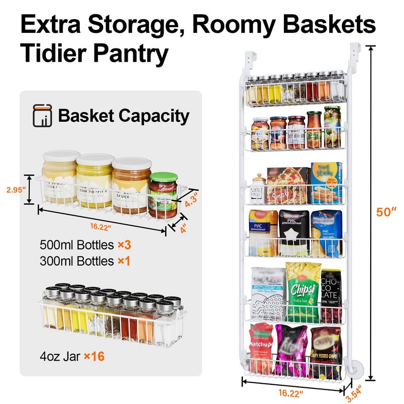 Delamu Over the Door Pantry Organizer, 6-Tier Pantry Organizers and Storage, Metal Cabinet Door Organizer, Hanging Spice Rack Shelves for Home & Kitchen, D5 x W18 x H50 inch, White - Image 4