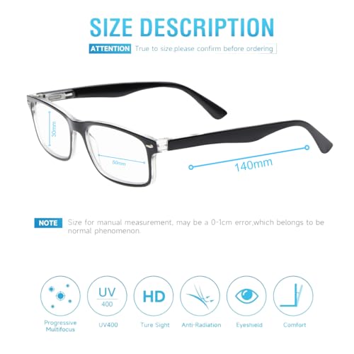 AEC Style7 Progressive Reading Glasses | Full Rim Rectangular Fibre Frame | Medium Size | Powers +1.00 to +3.00 | Far, Intermediate & Near Vision | Includes Hard Case & Cleaning Cloth (Black, +1.00) - Image 3