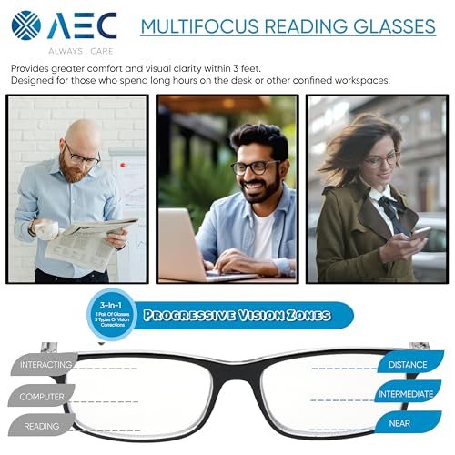 AEC Style7 Progressive Reading Glasses | Full Rim Rectangular Fibre Frame | Medium Size | Powers +1.00 to +3.00 | Far, Intermediate & Near Vision | Includes Hard Case & Cleaning Cloth (Black, +1.00) - Image 2