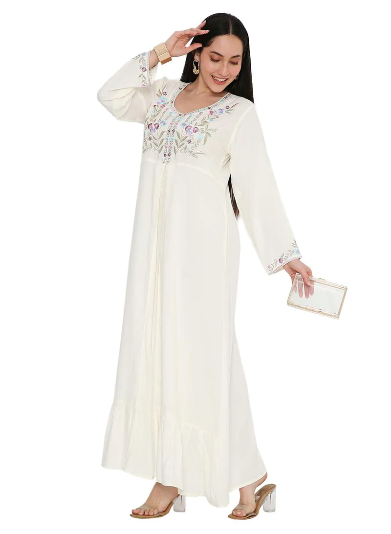هانا آند سارا SOLID WHITE COLOUR LONG VISCOSE WITH MULTICOLOUR EMBROIDERED MODEST ARABIC KAFTAN JALABIYA DRESSES