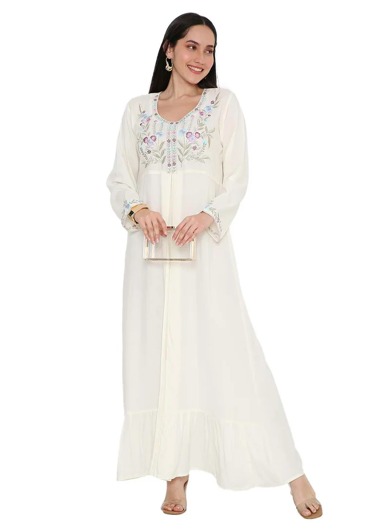 هانا آند سارا SOLID WHITE COLOUR LONG VISCOSE WITH MULTICOLOUR EMBROIDERED MODEST ARABIC KAFTAN JALABIYA DRESSES