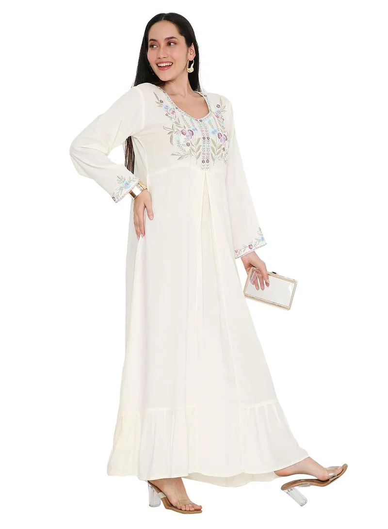هانا آند سارا SOLID WHITE COLOUR LONG VISCOSE WITH MULTICOLOUR EMBROIDERED MODEST ARABIC KAFTAN JALABIYA DRESSES