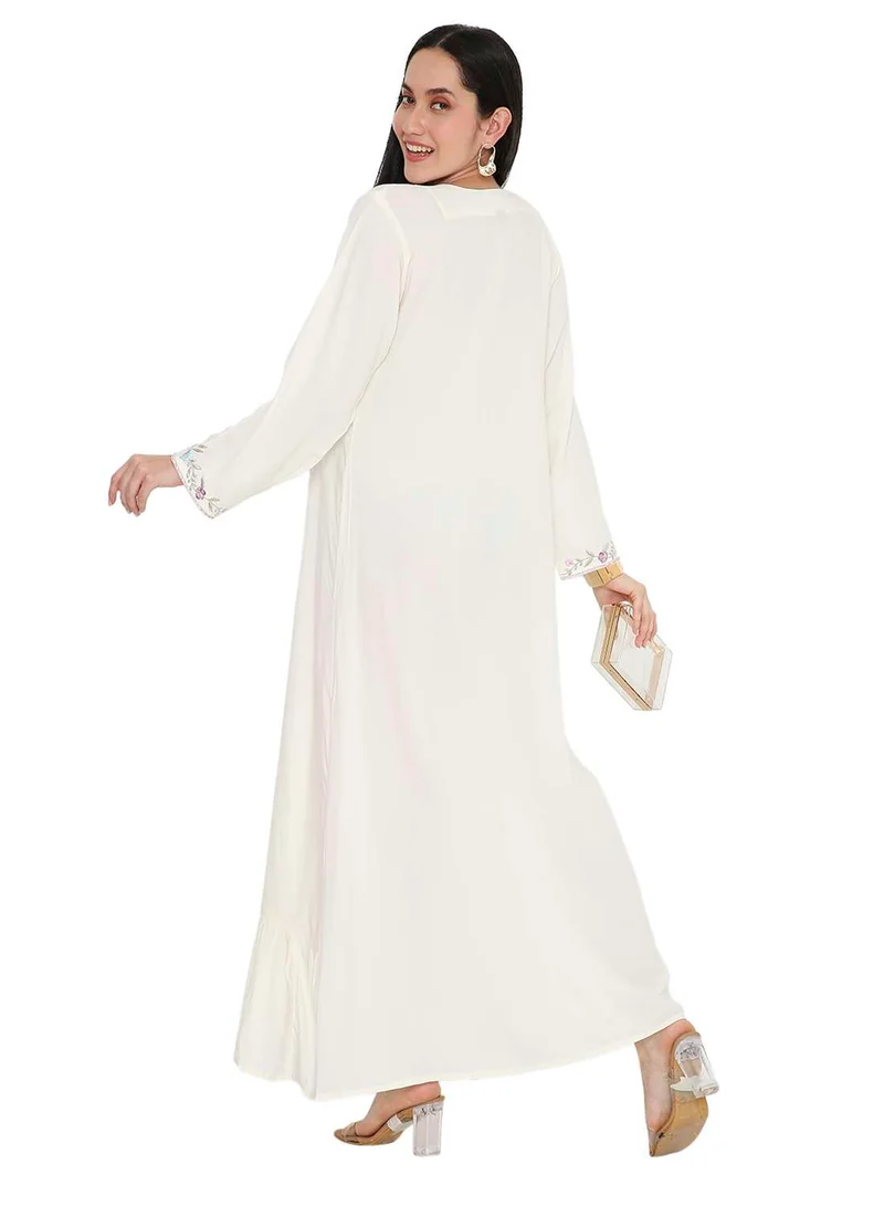 هانا آند سارا SOLID WHITE COLOUR LONG VISCOSE WITH MULTICOLOUR EMBROIDERED MODEST ARABIC KAFTAN JALABIYA DRESSES