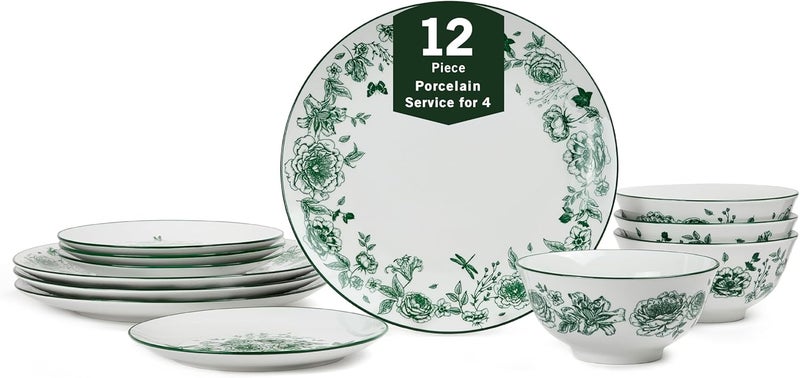 Stone Lain Esme 12Piece Dinnerware Set Porcelain Plates and Bowls Set Dish Set for 4 Microwave and Dishwasher Safe Green - Image 1