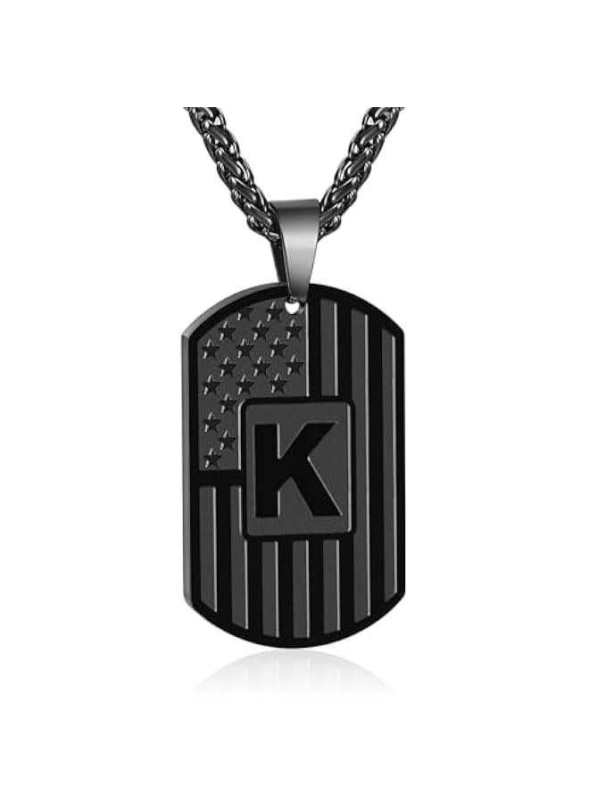 Graduation Gifts Initial A-Z Letter Necklace for Men Boys Kids Teen, Stainless Steel American Flag Dog Tag Pendent Chain Jewelry Birthday  Gifts for boyfriend husband 24Inches  - Image 1