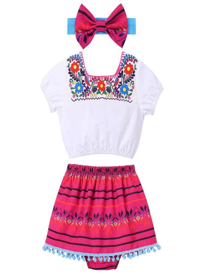 IKADEX Baby Girls Mexican Dress Fiesta Cinco De Mayo Outfits Floral Crop Top + Skirt + Headband 3pcs Clothes Hot Pink 6-12 Months - Image 1