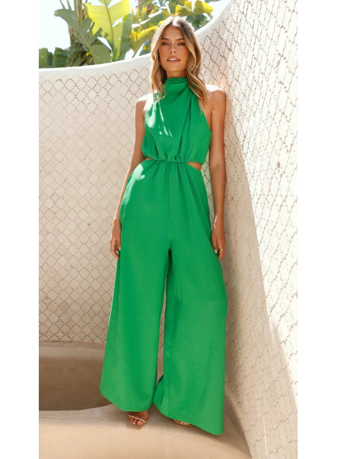 Summer Vacation Style Fashionable Pure Color Halter Laceup Onepiece Wideleg Pants