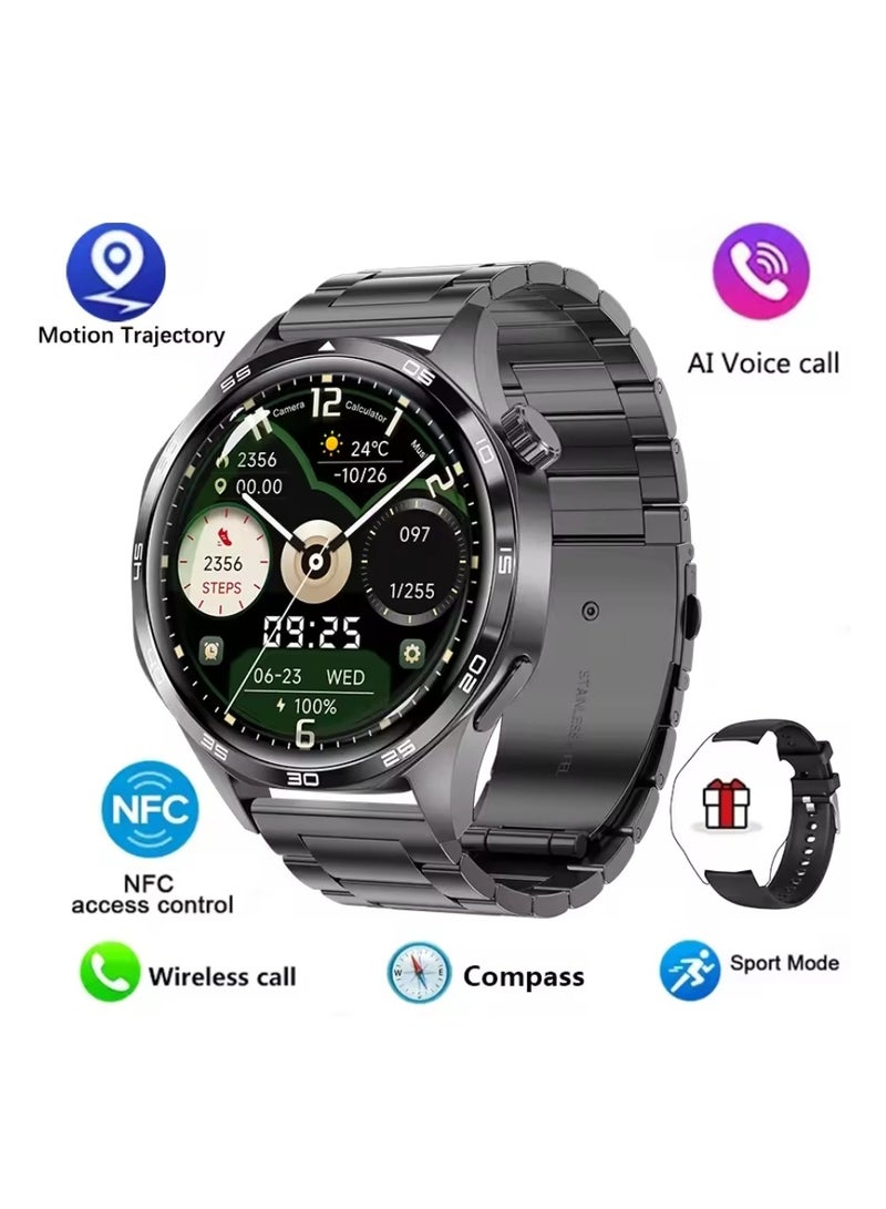 Smart Watch GT5 With Bluetooth Calling Function (Answer/Make Calls), Fitness Tracking Watch With Sleep Monitoring Function, Suitable For IPhone/Android, IP68 Waterproof (Black silicone + Black steel) 2pcs Watch Strap  - Image 2
