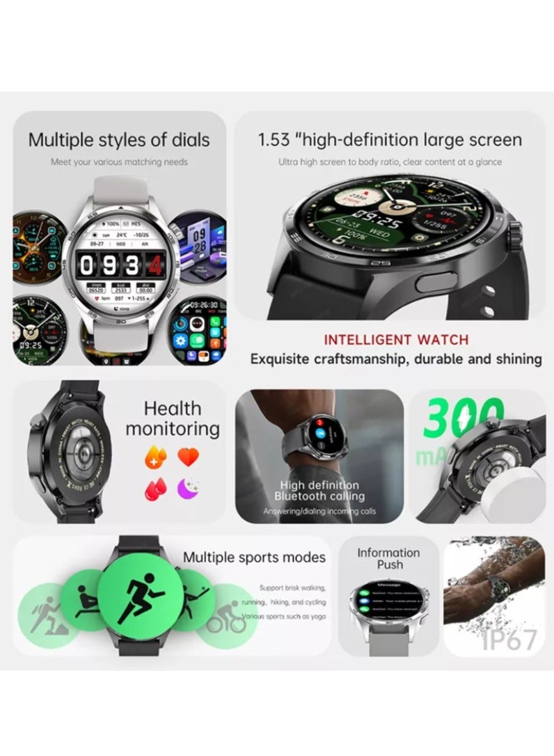 Smart Watch GT5 With Bluetooth Calling Function (Answer/Make Calls), Fitness Tracking Watch With Sleep Monitoring Function, Suitable For IPhone/Android, IP68 Waterproof (Black silicone + Black steel) 2pcs Watch Strap  - Image 3