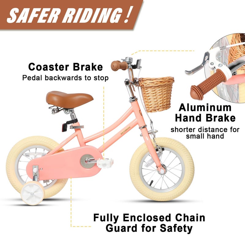 Petimini 12 Inch Kids Bike for Age 2 3 4 Years Old Little Girls Toddlers Retro Vintage Style Bicycles with Basket Training Wheels and Bell, Peach - Image 2