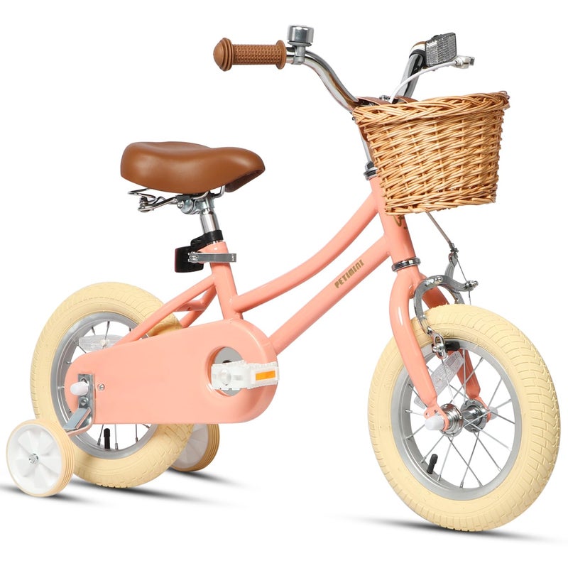 Petimini 12 Inch Kids Bike for Age 2 3 4 Years Old Little Girls Toddlers Retro Vintage Style Bicycles with Basket Training Wheels and Bell, Peach - Image 1