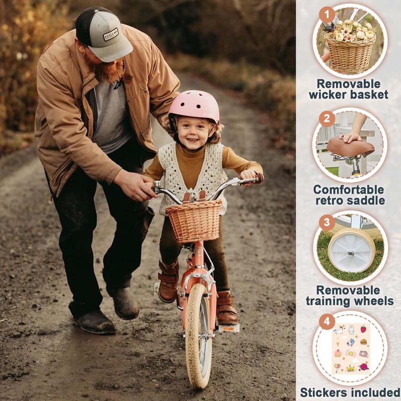 Petimini 12 Inch Kids Bike for Age 2 3 4 Years Old Little Girls Toddlers Retro Vintage Style Bicycles with Basket Training Wheels and Bell, Peach - Image 3