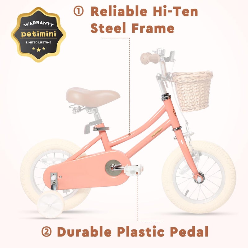 Petimini 12 Inch Kids Bike for Age 2 3 4 Years Old Little Girls Toddlers Retro Vintage Style Bicycles with Basket Training Wheels and Bell, Peach - Image 5