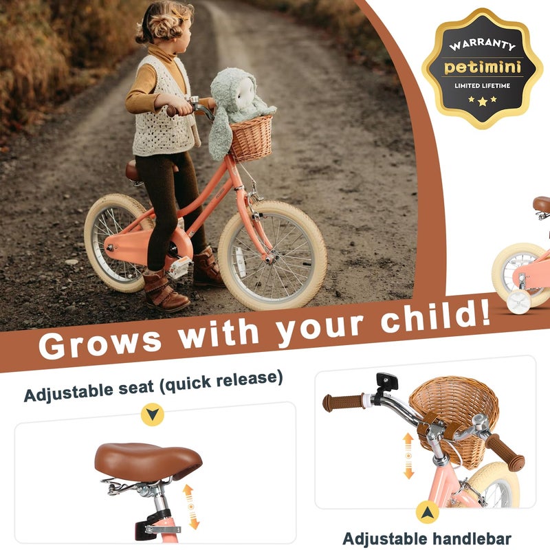Petimini 12 Inch Kids Bike for Age 2 3 4 Years Old Little Girls Toddlers Retro Vintage Style Bicycles with Basket Training Wheels and Bell, Peach - Image 4