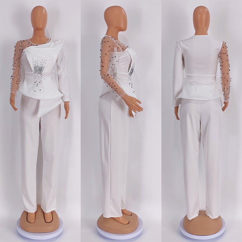 Europe and the United States cross-border Africa Amazon foreign trade large size womens solid color beaded mesh fashion casual pants set 6279 Yellow  - Image 2