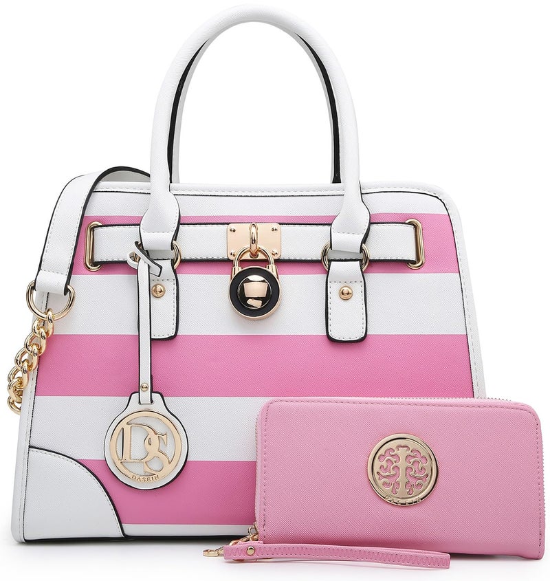 Dasein Women Handbags Top Handle Satchel Purse Shoulder Bag Hobo Bag Work Bag Set 2pcs PinkWhite