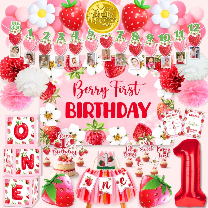 RainMeadow Premium Berry First Birthday Decorations Set - Strawberry 1st Birthday Decorations Girl with Banner, Balloons, High Chair Tutu, Cake Toppers, Milestone Garland & More for Baby Girls - Image 1