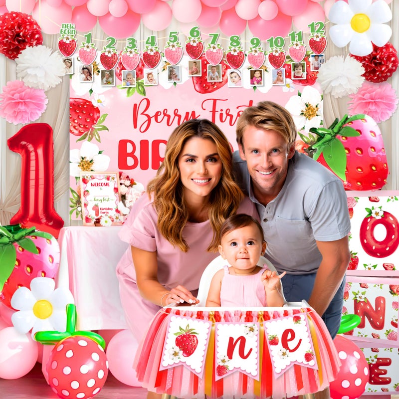 RainMeadow Premium Berry First Birthday Decorations Set - Strawberry 1st Birthday Decorations Girl with Banner, Balloons, High Chair Tutu, Cake Toppers, Milestone Garland & More for Baby Girls - Image 3