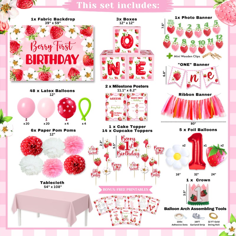 RainMeadow Premium Berry First Birthday Decorations Set - Strawberry 1st Birthday Decorations Girl with Banner, Balloons, High Chair Tutu, Cake Toppers, Milestone Garland & More for Baby Girls - Image 4