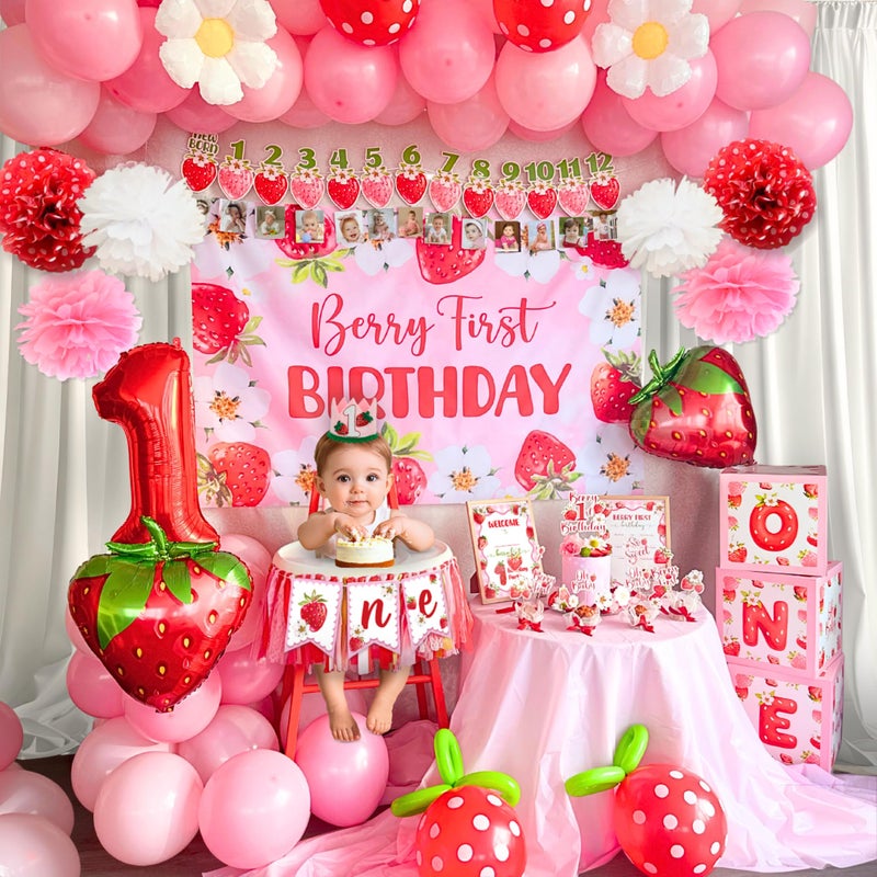 RainMeadow Premium Berry First Birthday Decorations Set - Strawberry 1st Birthday Decorations Girl with Banner, Balloons, High Chair Tutu, Cake Toppers, Milestone Garland & More for Baby Girls - Image 5