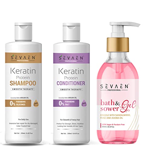 Sevaen Keratin Smooth Daily Shampoo & Keratin Smooth Daily Conditioner with Shower gel 300ml For All (Unisex) - Image 1