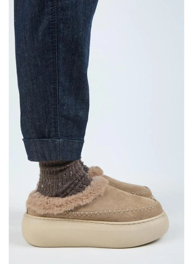 Manijero  (Bazin Furry) Women's Real Leather Suede Furry Platform Beige Slipper. for Women | Best Price UAE