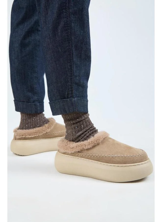 (Bazin Furry) Women's Real Leather Suede Furry Platform Beige Slipper.