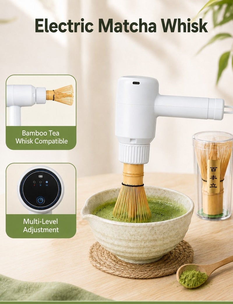 WALALLA Rechargeable Electric Matcha Whisk Set, Handheld Matcha Brush with Bamboo Whisk Head, Type-C Charging Tea Mixer with 3-Level Speed, Portable Frother for Matcha Tea, Coffee, Milk Foam and Home Tea Ceremony - Image 1