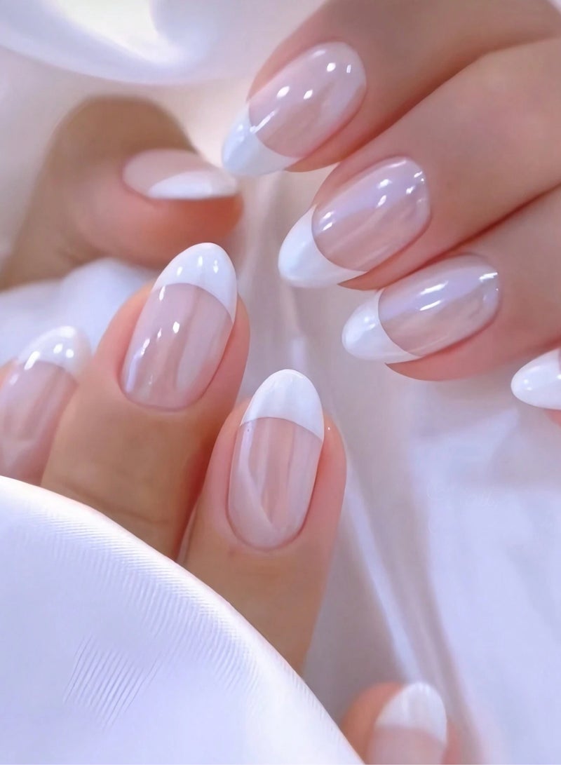 اظافر تركيب تصميم فرنش كلاسيكي باللون الأبيض و غراء للاظافر، قابلة للإزالة، لا تسبب ضررا للأظافر - 24 قطعة من الاظافر صناعيه - Image 1