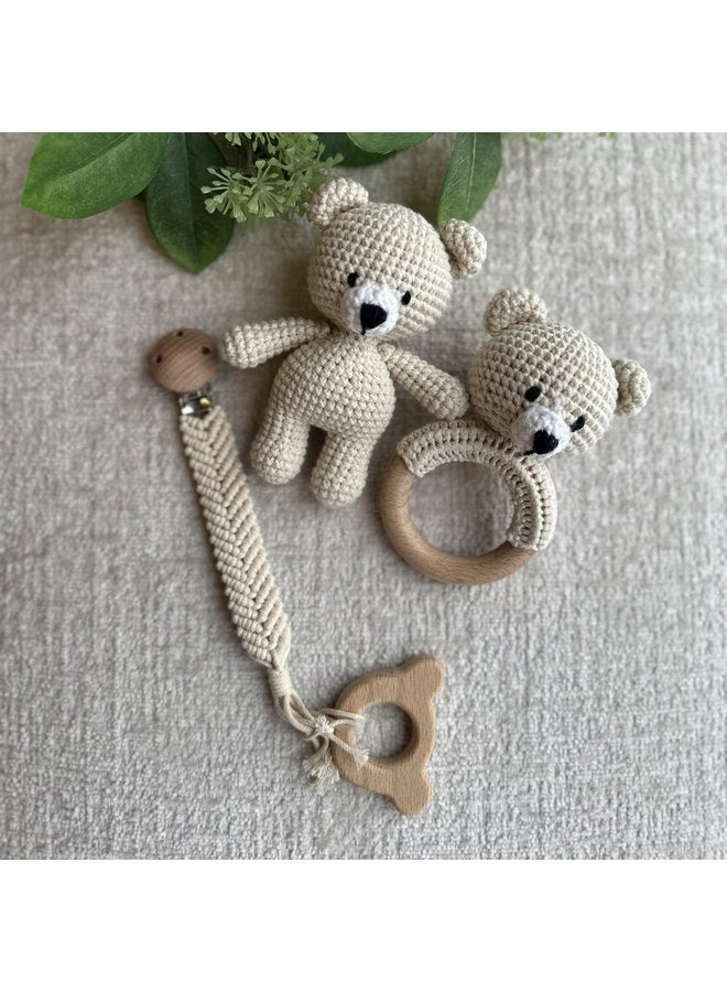 Generic Organic Cotton Handmade Crotchet Bear Rattle, Toy, teether and Pacifier Holder Baby Shower/Birthday Gift Set., Small, Beige