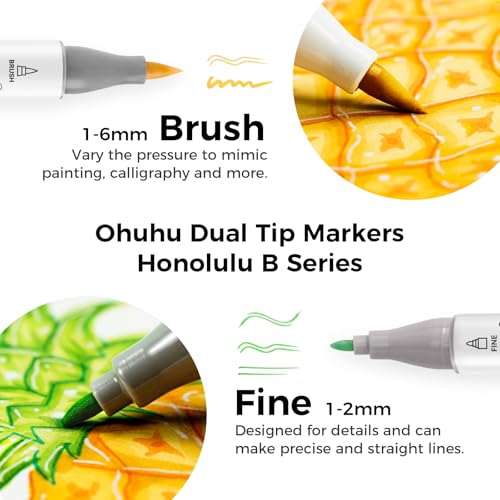 Ohuhu Alcohol Markers Brush Tip - AP Certificated Double Tipped Art Marker Set for Artist Adults Coloring Illustration- 72 Colors - Refillable - Fine and Brush Dual Tips - Honolulu B of Ohuhu Markers - Image 2