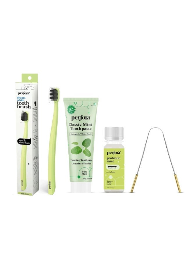 بيرفورا مجموعة Perfora الاقتصادية - عبوة من 4 قطع | فرشاة أسنان Dream White (خضراء)، غسول فم بالليمون والنعناع، ​​معجون أسنان بالنعناع الكلاسيكي، ومنظف لسان | شعيرات فائقة النعومة | معجون أسنان خالٍ من SLS - Image 1