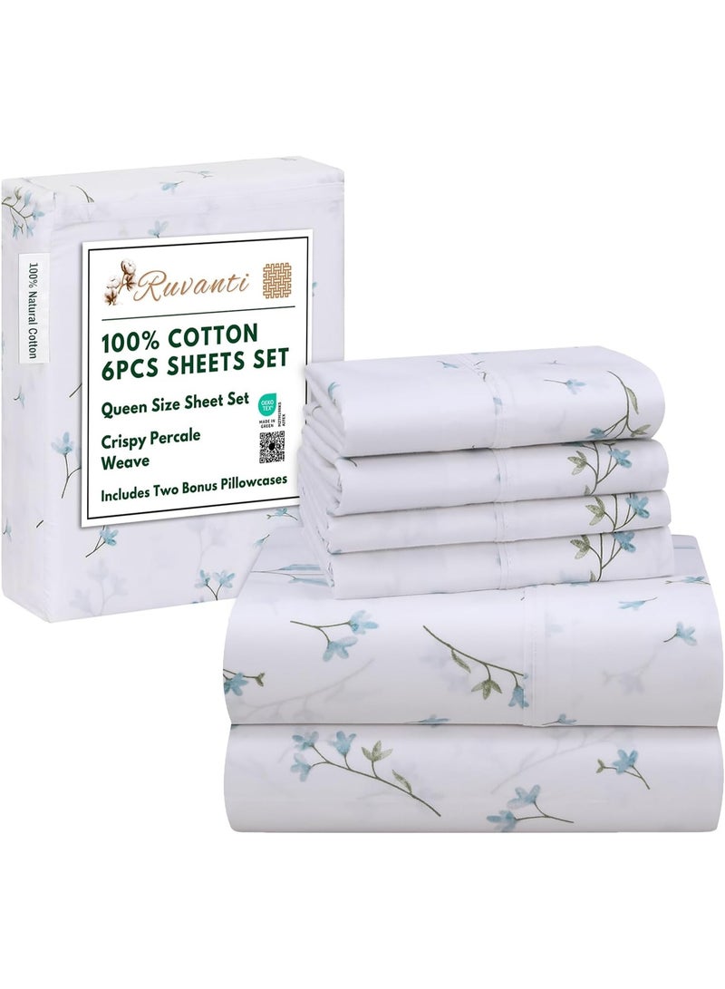 RUVANTI 6 Pcs Cotton Sheets - 100% Natural Cotton Soft, Lightweight & Breathable Crispy Percale Bed Sheets, Queen Sheet Set 16" Deep Pockets, Burgeon - Image 1