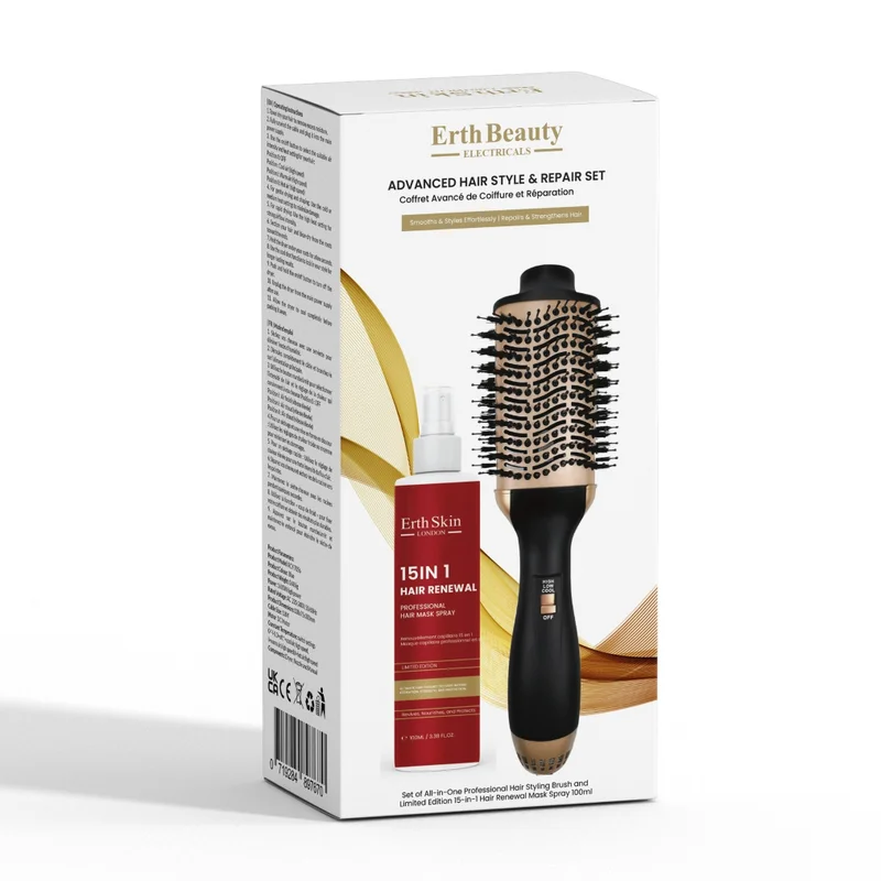 ErthSkin London ADVANCED HAIR STYLE & REPAIR SET(ALL-IN-ONE PROFESSIONAL HAIR BRUSH + 15-IN-1 HAIR SPRAY – 100ML)