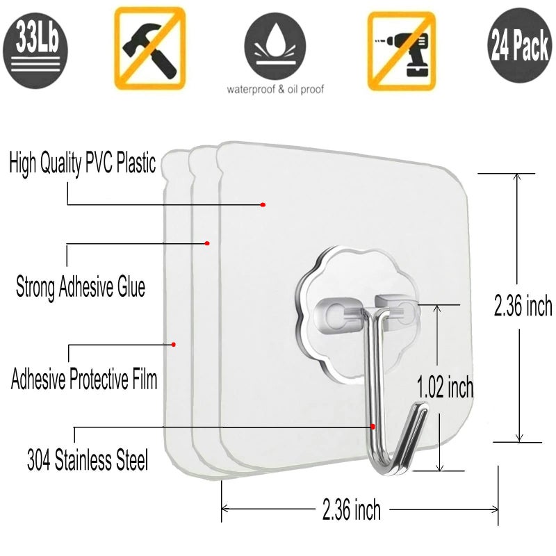 Jwxstore 12 Pack Heavy Duty Self Adhesive Hooks - 33lb Max, Transparent, Waterproof, Sticky Wall Hooks for Keys, Bathroom, Shower, Outdoor, Kitchen, Door, Home Improvement, Utility - Image 2