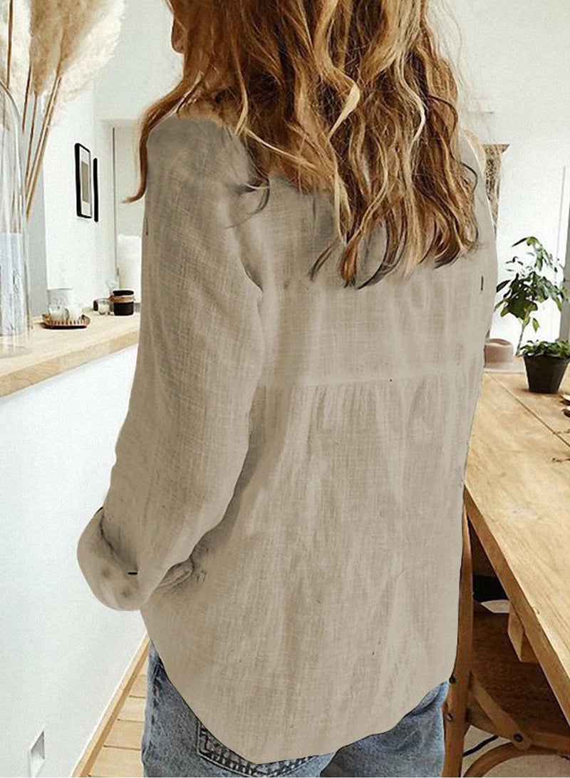 Astylish Ladies Long Sleeve Tunic Shirts V Neck Solid Linen Blouses Button Down Shirt Tops Work Clothes for Women Office Light Khaki Medium - Image 3