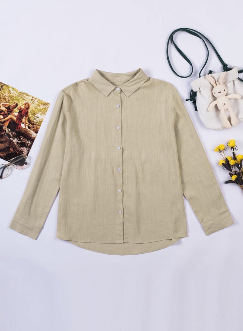 Astylish Ladies Long Sleeve Tunic Shirts V Neck Solid Linen Blouses Button Down Shirt Tops Work Clothes for Women Office Light Khaki Medium - Image 5