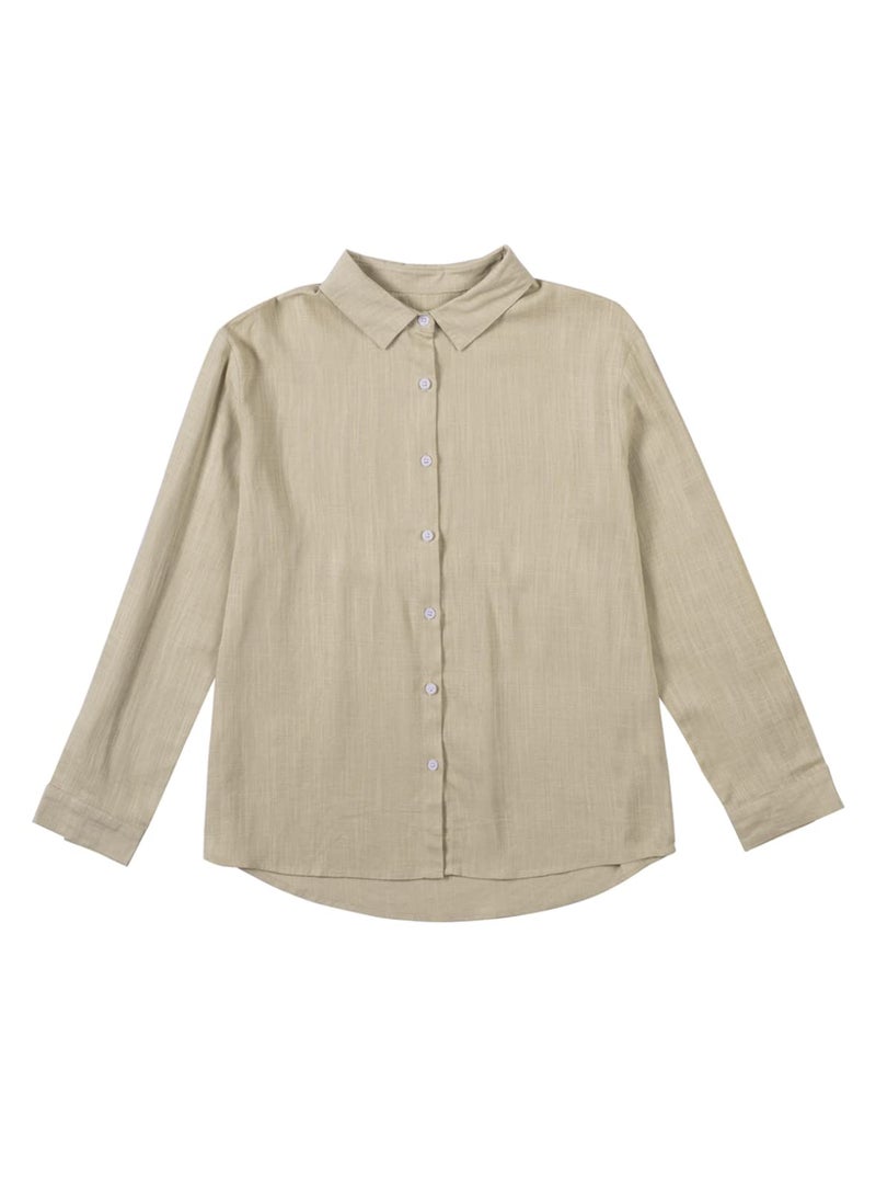 Astylish Ladies Long Sleeve Tunic Shirts V Neck Solid Linen Blouses Button Down Shirt Tops Work Clothes for Women Office Light Khaki Medium - Image 4