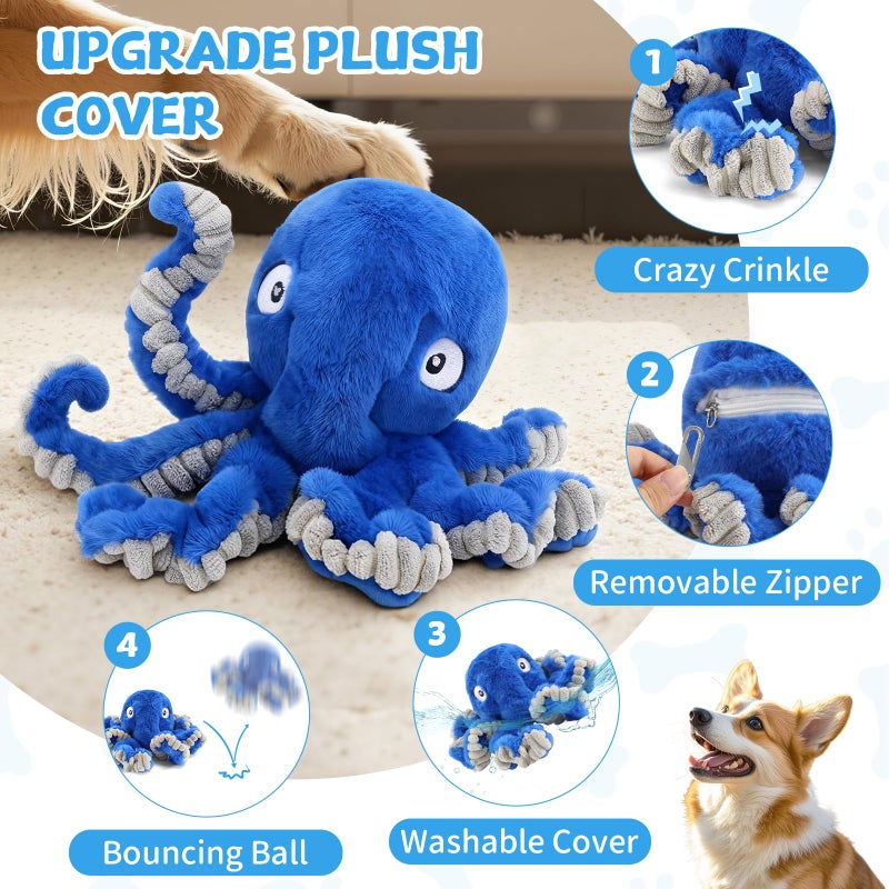 VOXGET Interactive Dog Octopus Toy Ball, Upgrade Automatic 1.5H Jumping Ball with Motion Activation for Small Large Dogs, 2 in 1 Rechargeable Move & Tug Plush Toy for Pets Keep Busy, No Music (Blue) - Image 3