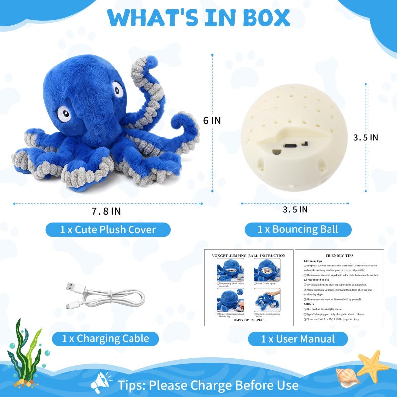 VOXGET Interactive Dog Octopus Toy Ball, Upgrade Automatic 1.5H Jumping Ball with Motion Activation for Small Large Dogs, 2 in 1 Rechargeable Move & Tug Plush Toy for Pets Keep Busy, No Music (Blue) - Image 5